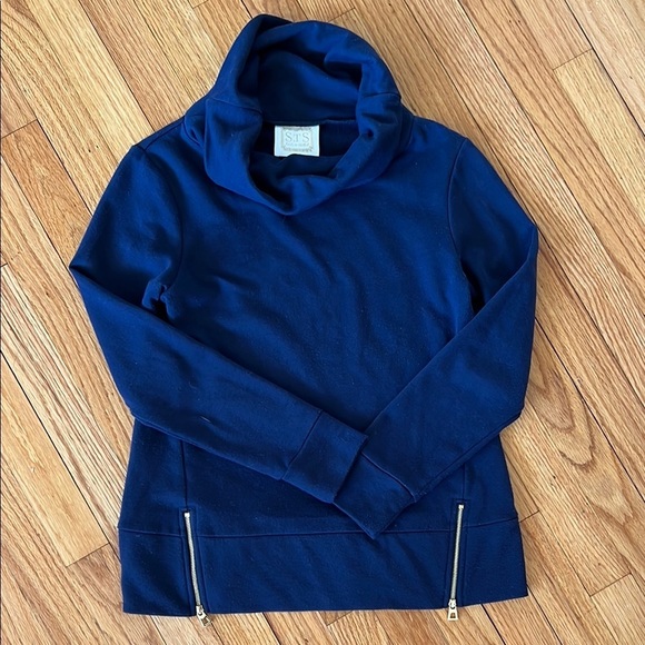 Sail and Sable Tops - Navy Blue French Terry Long Sleeve Cowl Neck Sweater with Zipper Accent